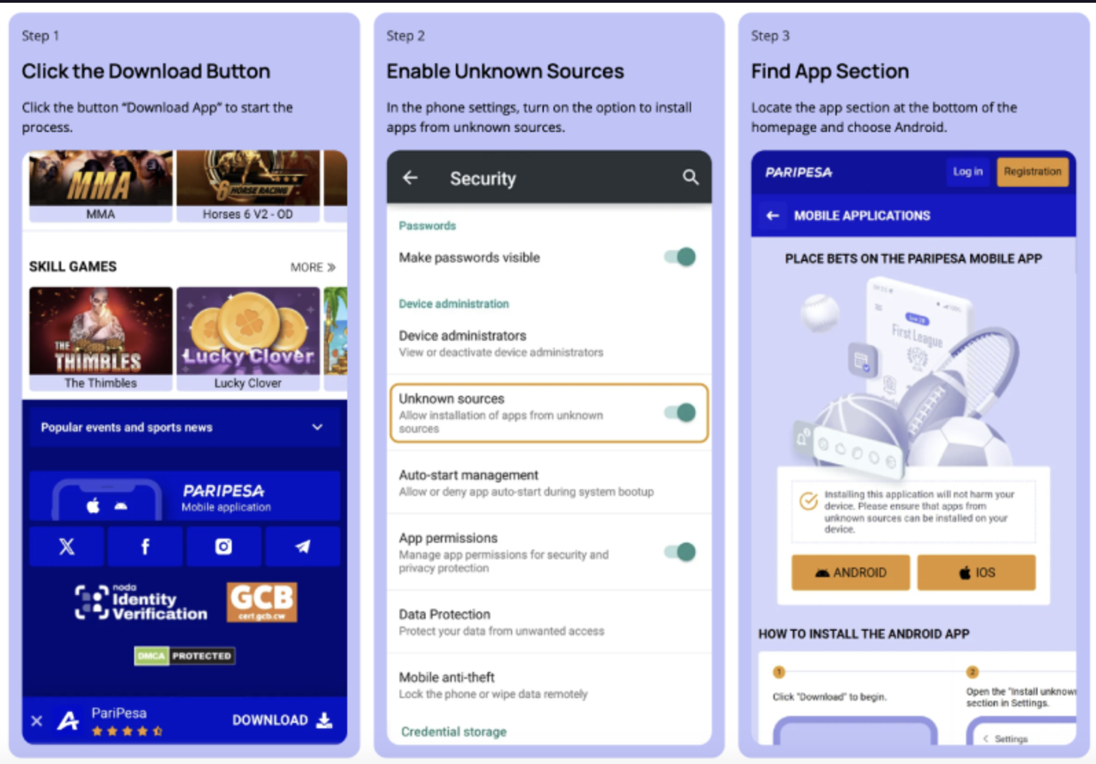 Paripesa app login page