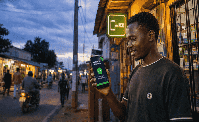 East African street scene at dusk representing mobile money access for Paripesa Tanzania bettors