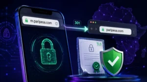 Smartphone with a glowing padlock icon, checking if m.paripesa.com is an official domain
