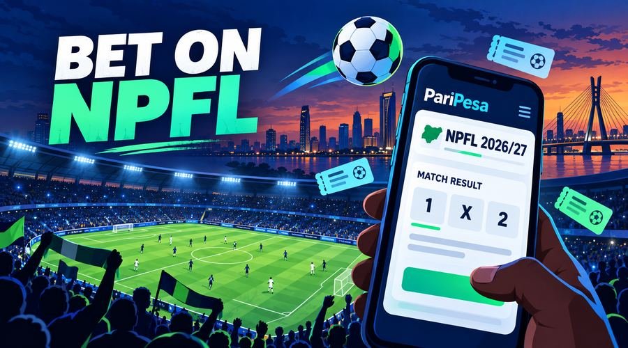 Hand holding a smartphone at a floodlit football match to follow NPFL betting markets