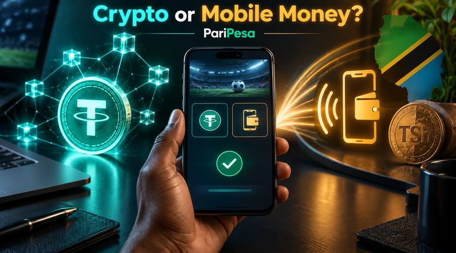 Smartphone displaying abstract glowing digital wallet icons next to scattered coins, dark moody lighting