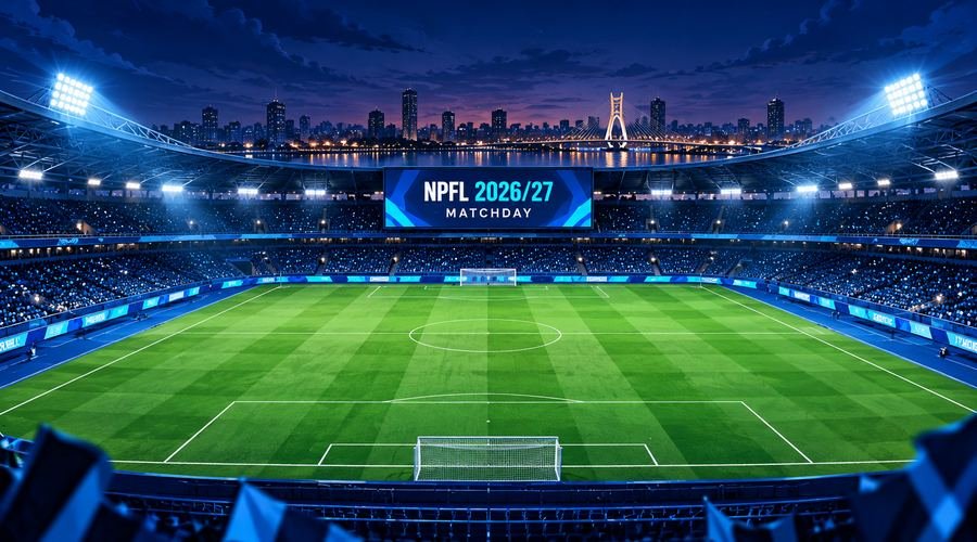 Empty green football pitch inside a stadium bowl ahead of an NPFL 2026/27 matchday