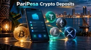 Cryptocurrency coins glowing beside a mobile betting screen, dark background