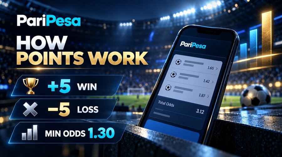 Hand holding a smartphone tracking PariPesa World Cup Leaderboard points while watching football